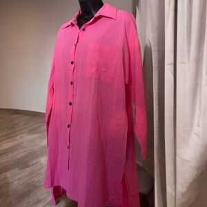 NWT WOMEN’S SUMMER BEACH CASUAL COTTON LINEN HIGH LOW HEMLINE  SHIRT SIZE L PINK